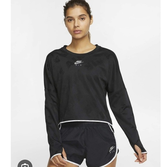 Nike Tops - Nike Air Dri-FIT Women Black Jacquard Logo Long Sleeve Cropped Running Top Med